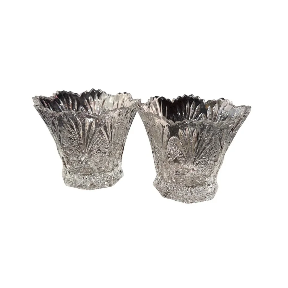 Vintage Clear Pressed Glass Rose Starburst Votive Candle Holder‎ Set of 2 Vases